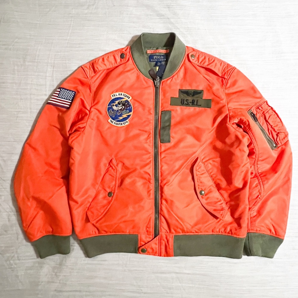 Polo Ralph Lauren COASTAL ORANGE Surplus Twill Air SQDRN 67 Bomber Jacket - Picture 2 of 14